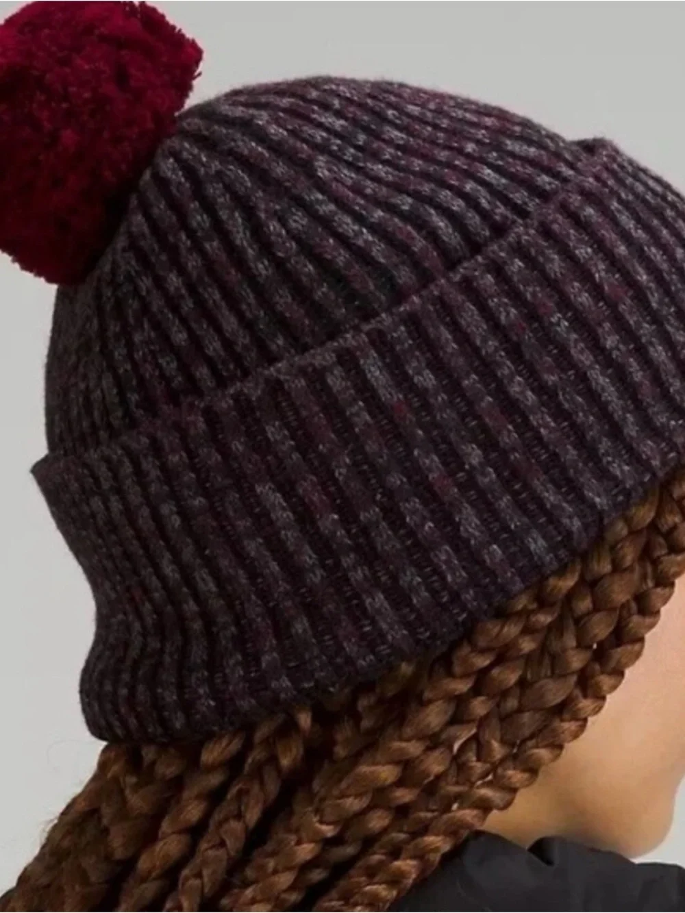 Lululemon‎ Black Burgundy Fleece Lined Foldover Pom Pom Beanie